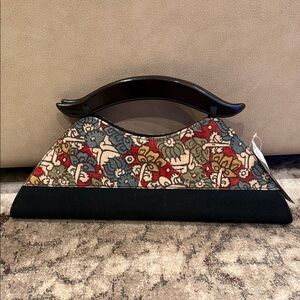 NWT Fabindia Silk Eye Shape Wood Handle Evening Bag